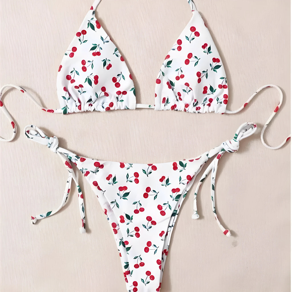 Holiday split halter bikini swimwear set in solid colour with briefs style and backless design