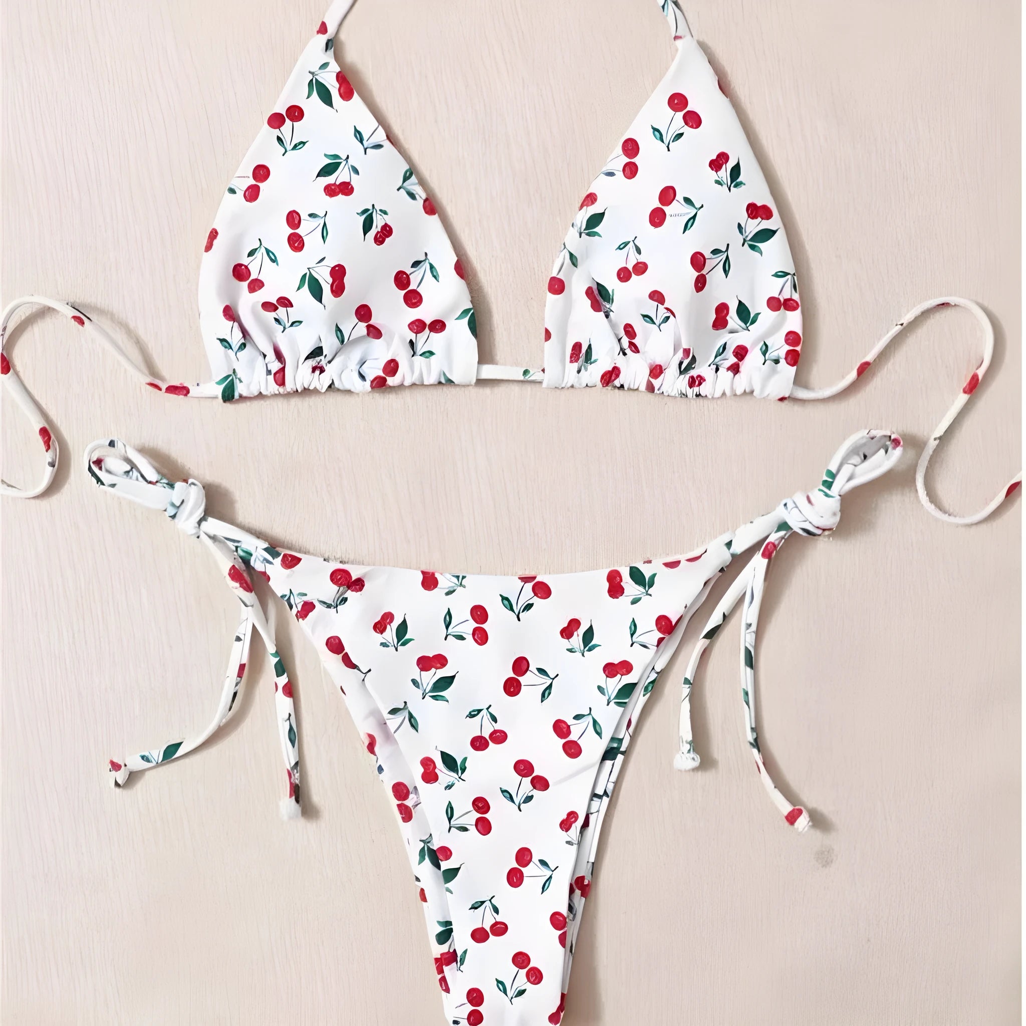 Holiday split halter bikini swimwear set in solid colour with briefs style and backless design