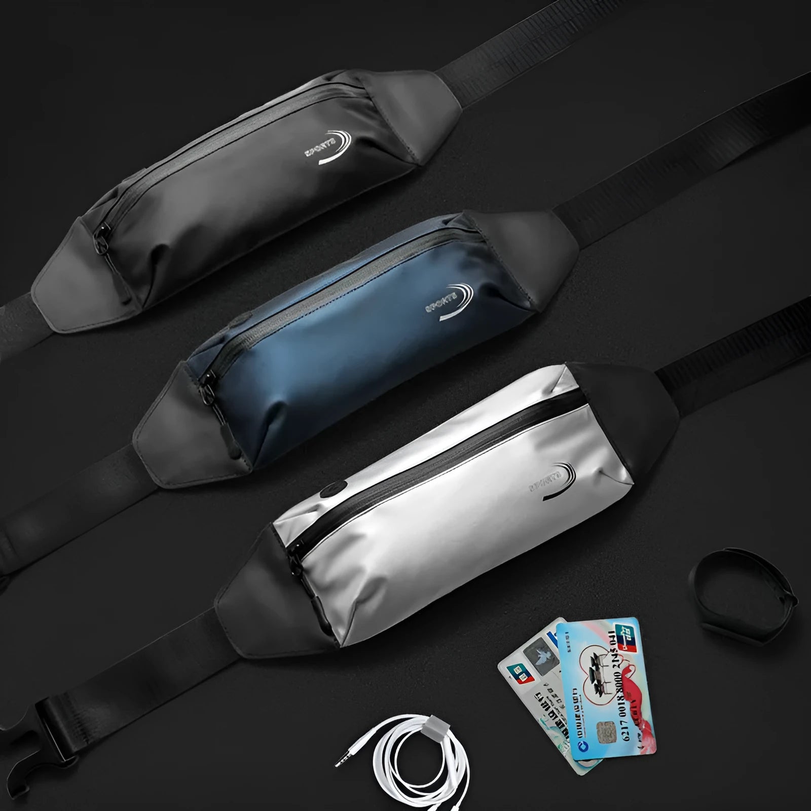 Men's blue waterproof Derm Oxford polyester waist bag for sports, showing its slim 45cm profile.