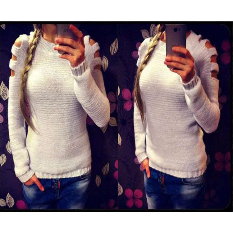 Women's knitted pullover shirt with crocheted hollow-out long sleeves in grey colour