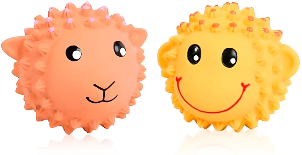 Orange and yellow spiky latex dog toys with a squeaker, shown next to a measuring tape indicating 3 inch diameter.