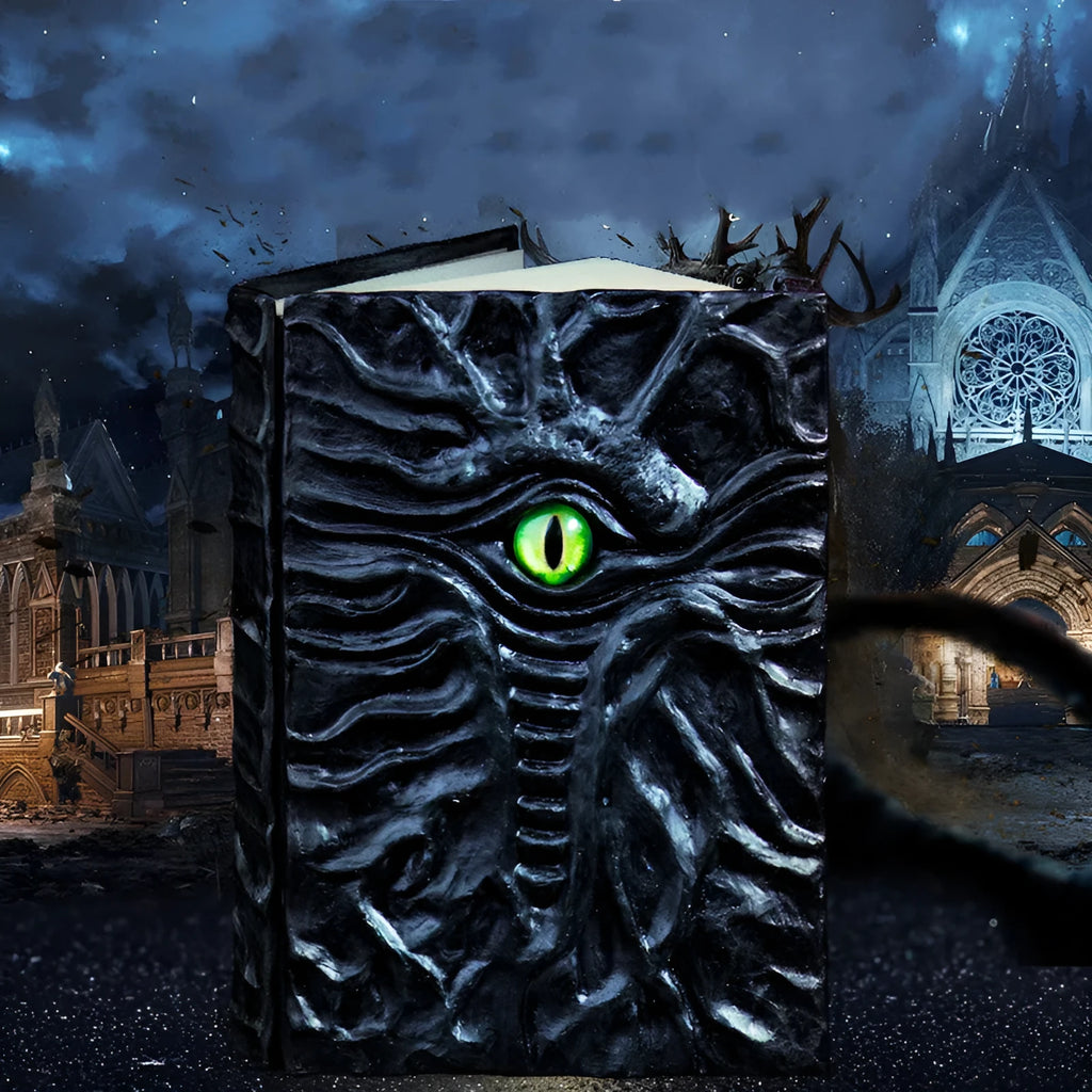 Demon Eye Cthulhu embossed notebook with dark kraft paper cover, open to show Daolin paper pages.