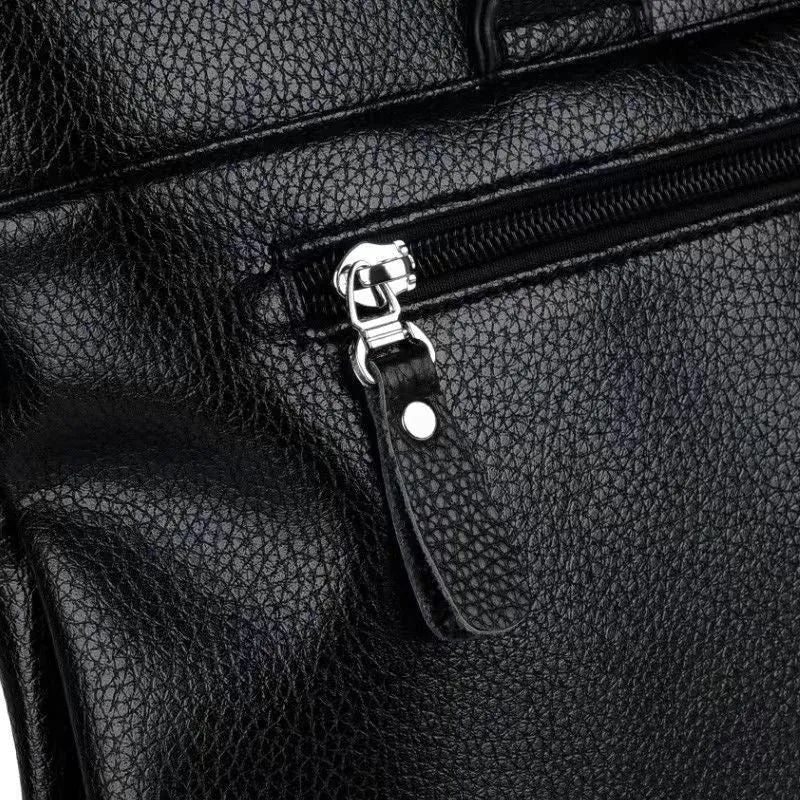 Men's black PU leather messenger bag with crossbody strap showing 35x30x4cm dimensions