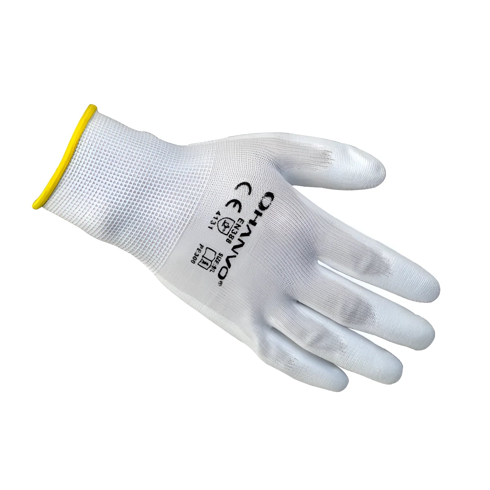 White PU coated labour gloves showing textured palm, displayed in medium and large sizes.