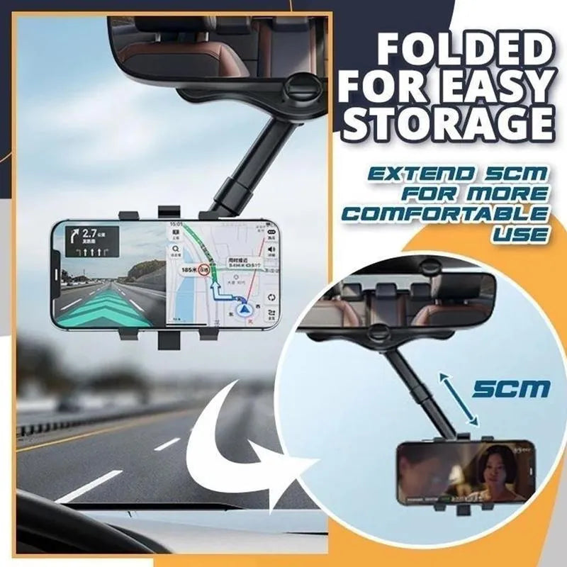 Black rearview mirror car phone holder with telescopic arm and rotating phone clamp.