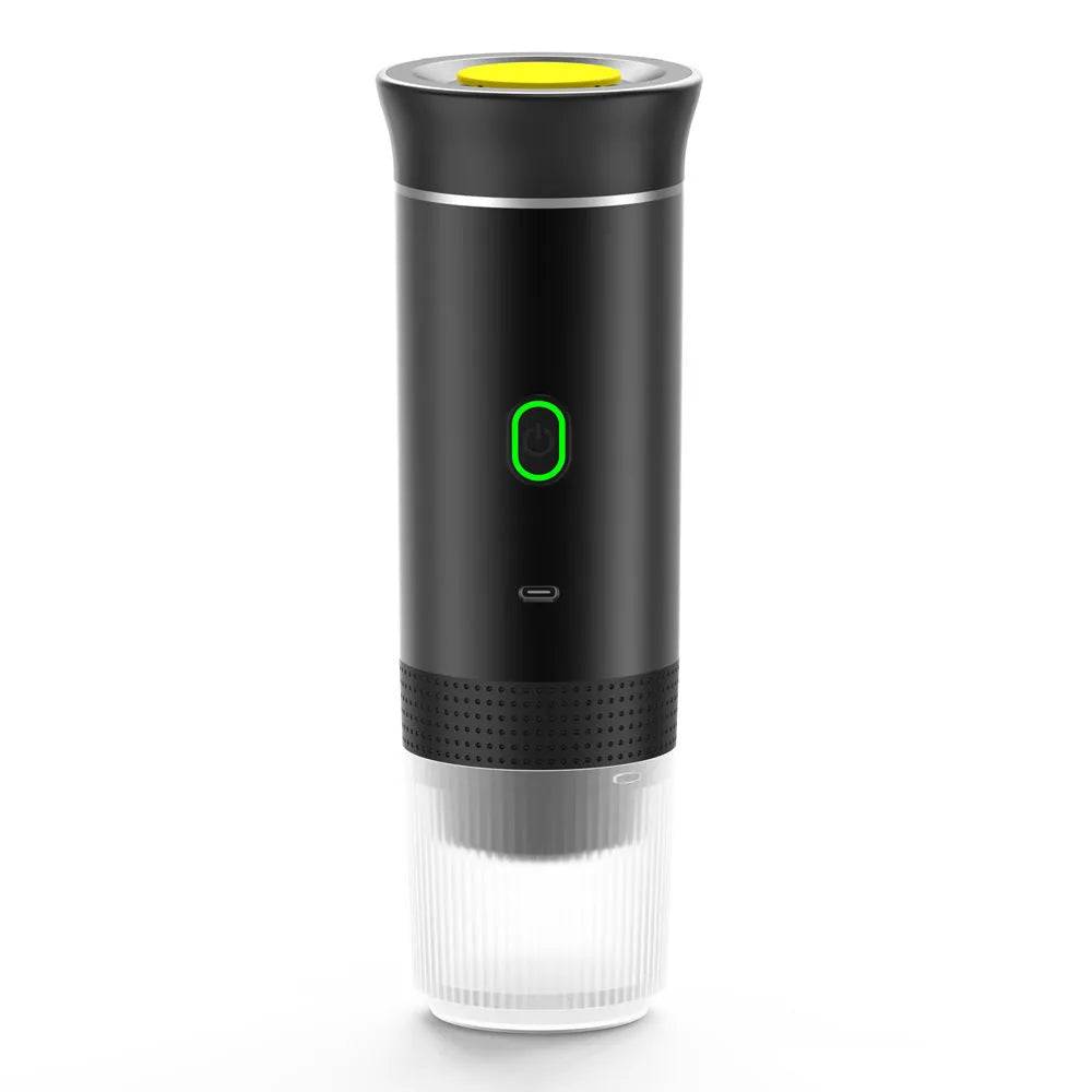 Portable 3-in-1 espresso coffee machine in black, white, grey, green, or silver with USB charging cable
