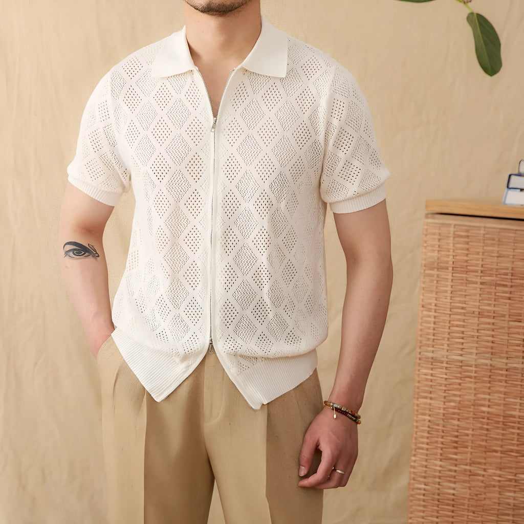 Light brown cotton short sleeve cardigan with front zipper and lapel collar laid flat.