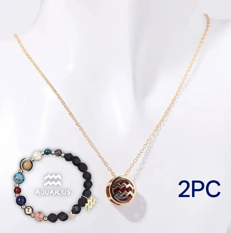 Natural stone beaded necklace and matching bracelet set laid flat, showing various bead colours and styles.