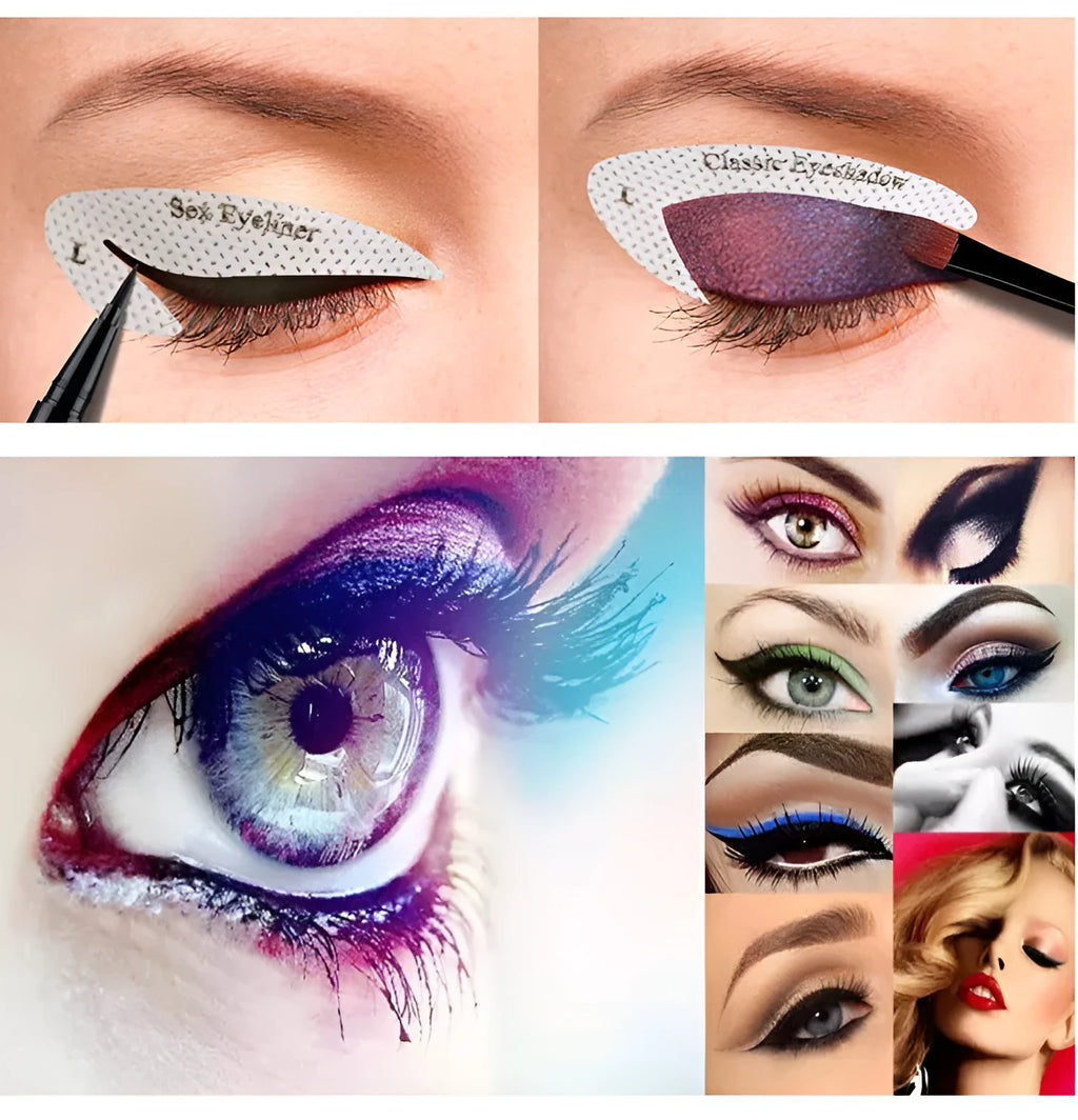 Set of four reusable flexible eyeliner sticker makeup templates on a pink background.