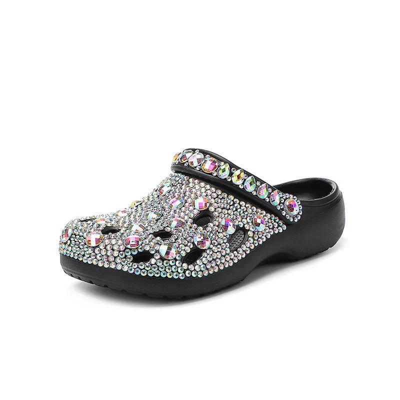 Black women's platform sandals with rhinestone detailing on EVA upper and sole.
