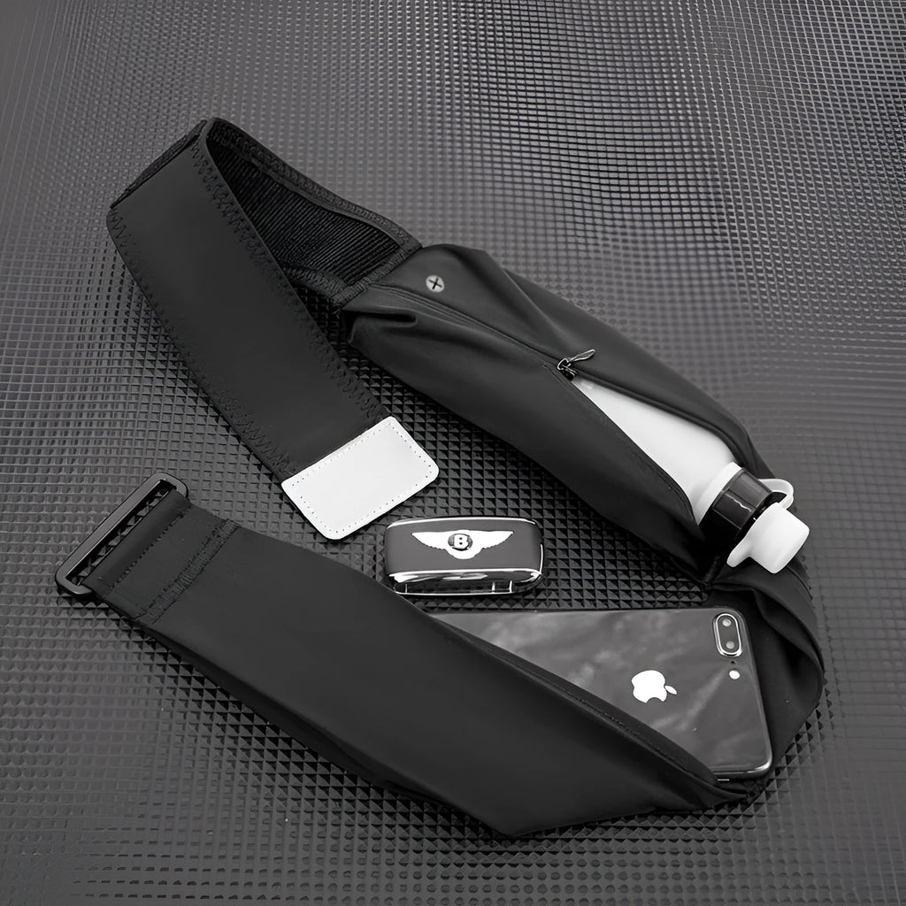 Women's running cell phone belt bag in black with 330ml kettle, adjustable waistband, nylon construction