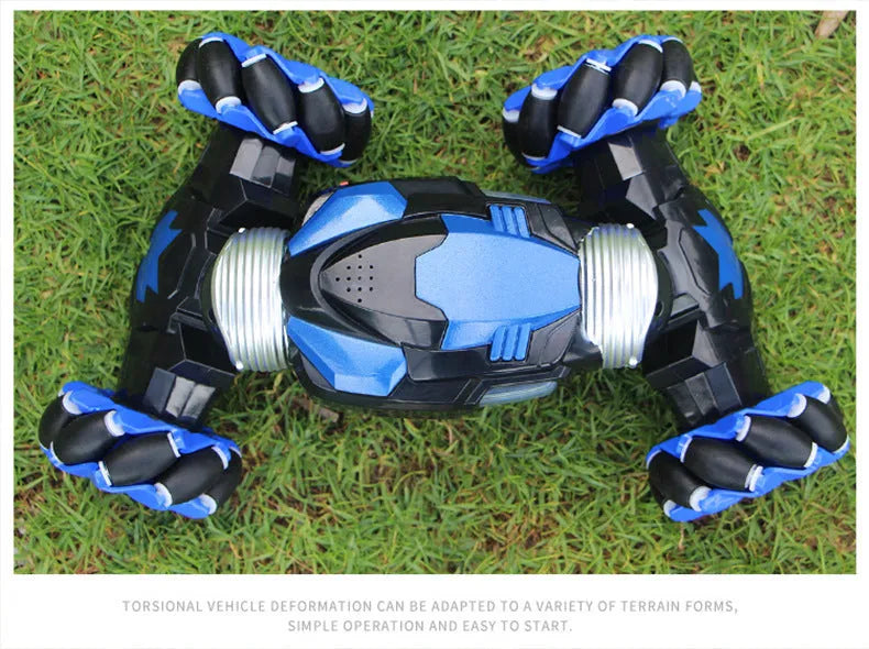 Blue electric remote control car with two motors, ABS plastic body, climbing and twisting wheels, on a pavement surface