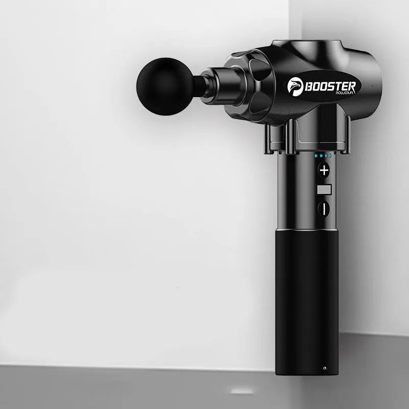 Black and white cordless massage gun with deep tissue 12mm stroke.
