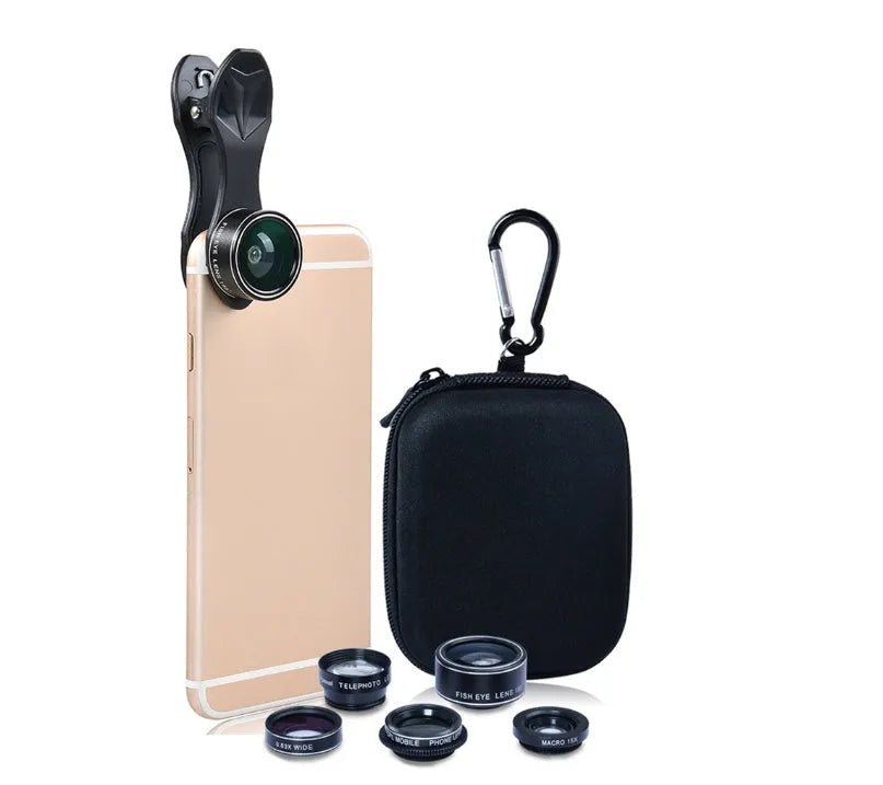 Black universal 5-in-1 clip-on smartphone lens kit showing wide angle, macro, fisheye, telephoto, and CPL lenses with storage bag.