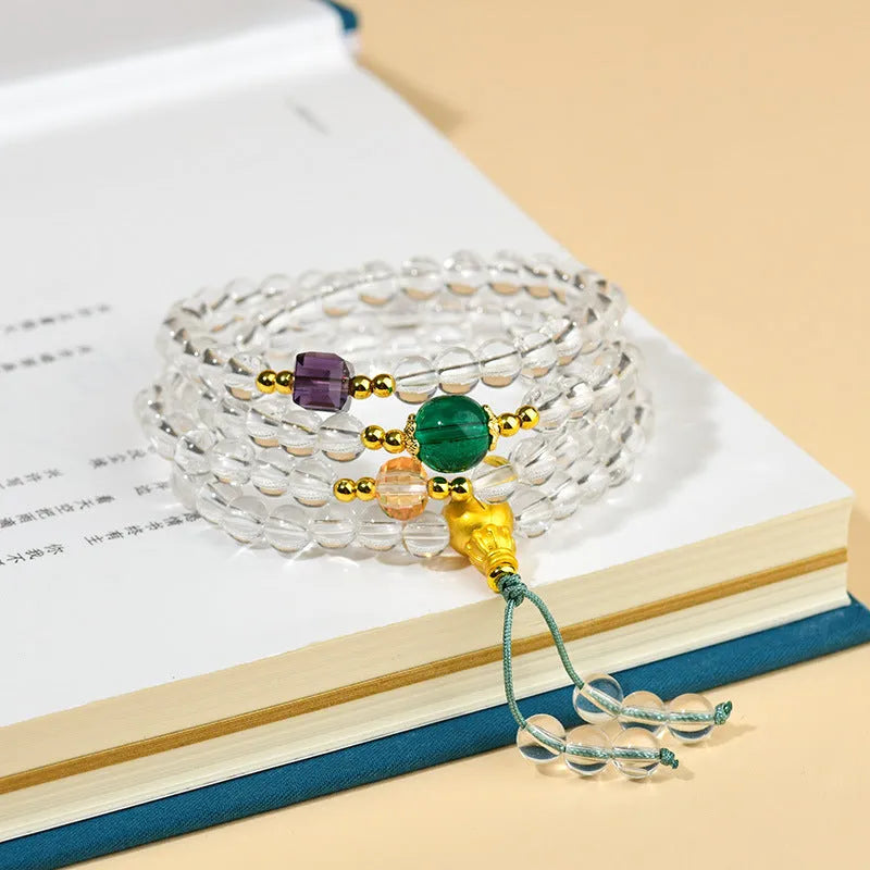 White crystal 108-bead rosary bracelet necklace with geometric beads and ethnic styling