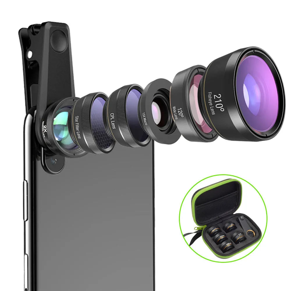 Black aluminium 6-in-1 smartphone camera lens kit with fisheye, macro, telephoto and filter lenses on a universal clip.