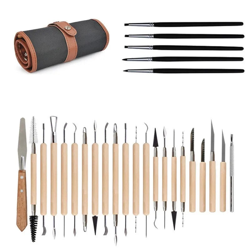 27-piece pottery clay tool set with wooden, stainless steel, and plastic tools in brown roll package