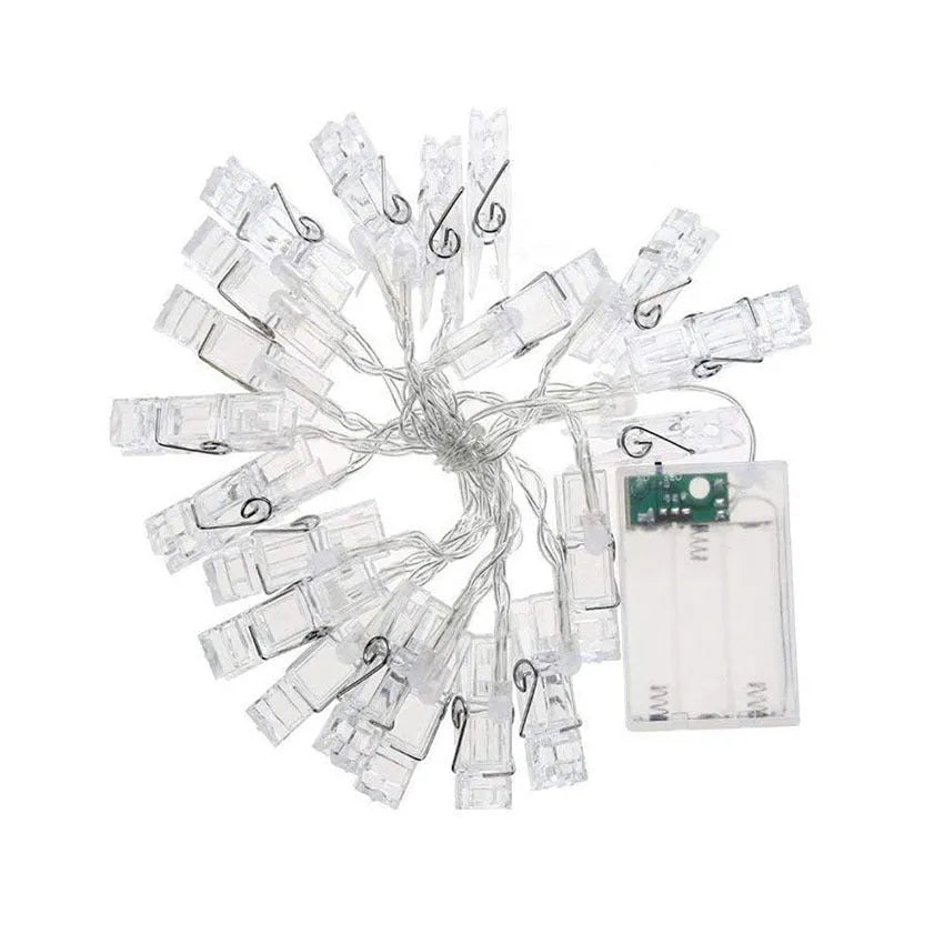 LED photo holder string lights with 10 warm white bulbs and photo clips on a wall 160cm length