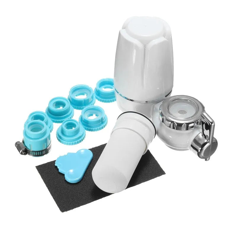 White plastic faucet water filter with switch lever and ceramic cartridge, shown with universal tap adapters.