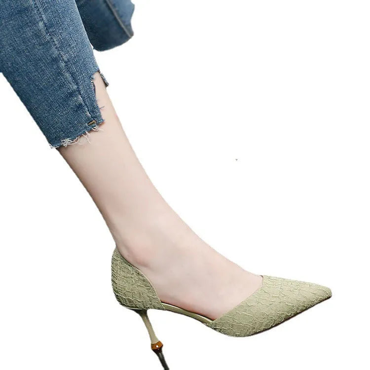 Women's black pointed-toe stiletto high heels with PU upper and rubber sole