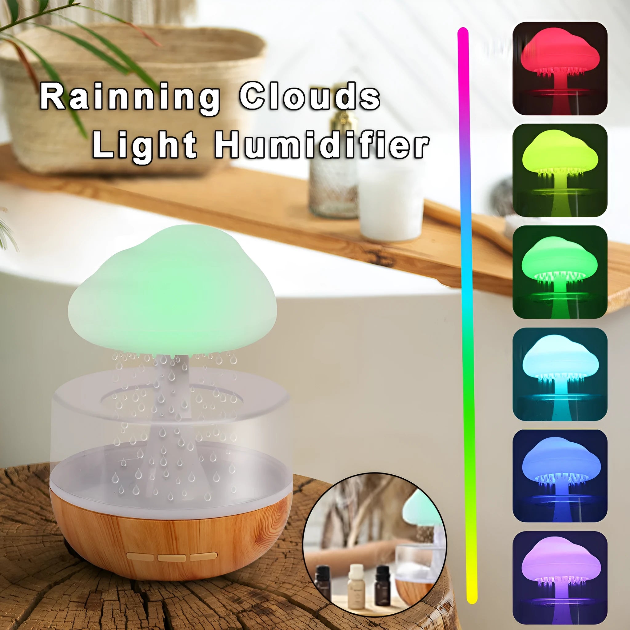 White raining cloud shaped micro humidifier with night light and essential oil diffuser on desk