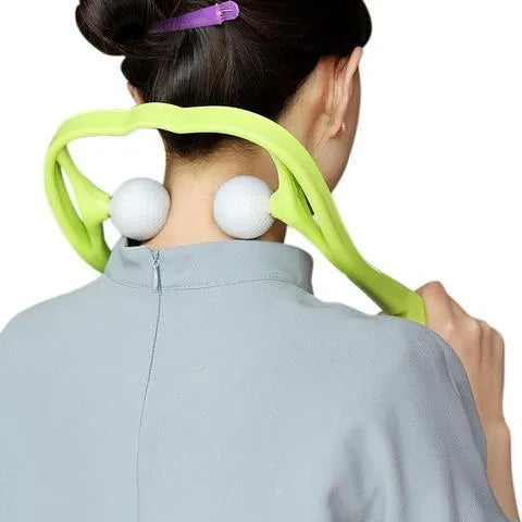 Handheld manual neck massage roller with adjustable stand and removable soft head in blue, green, or pink.
