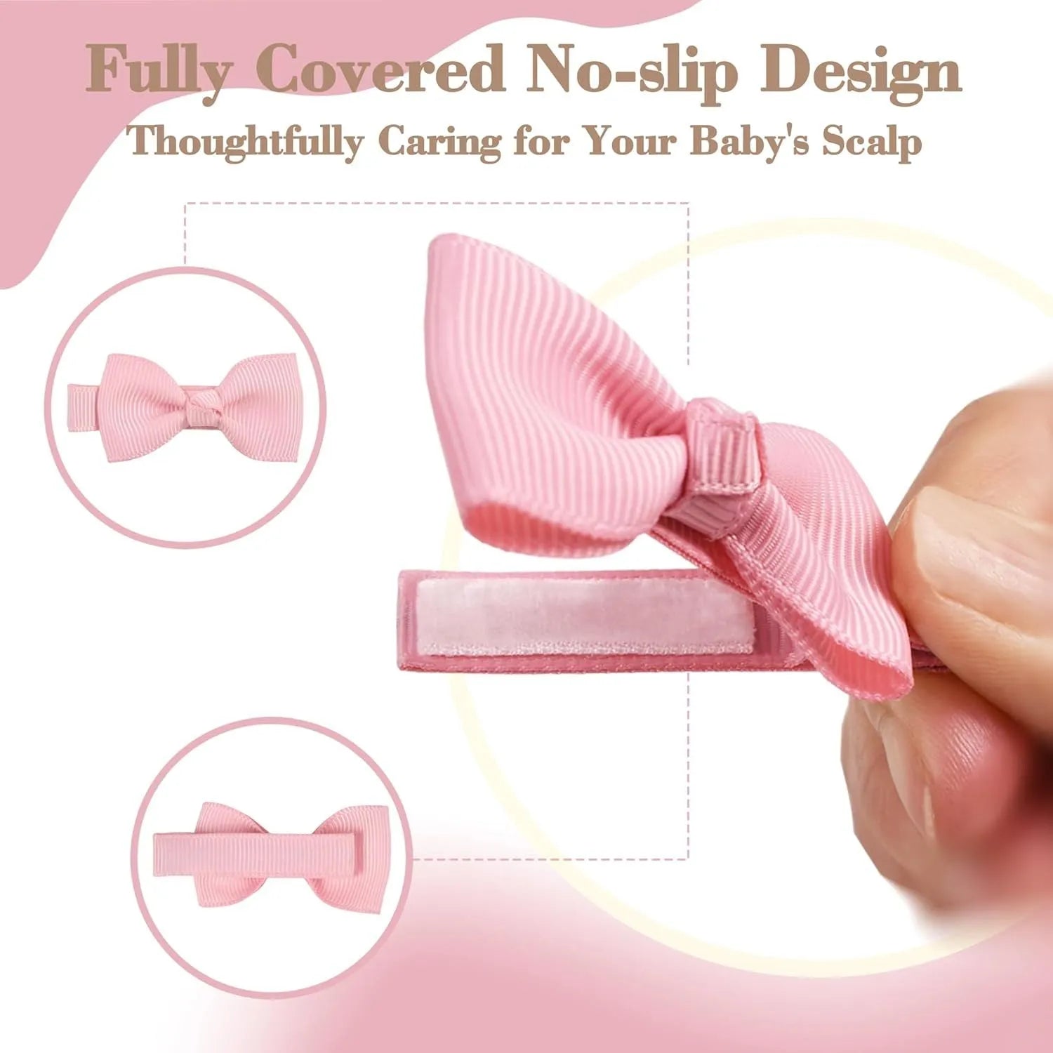 Assortment of pastel coloured baby hair clips and bows with fully lined, no-slip grips.