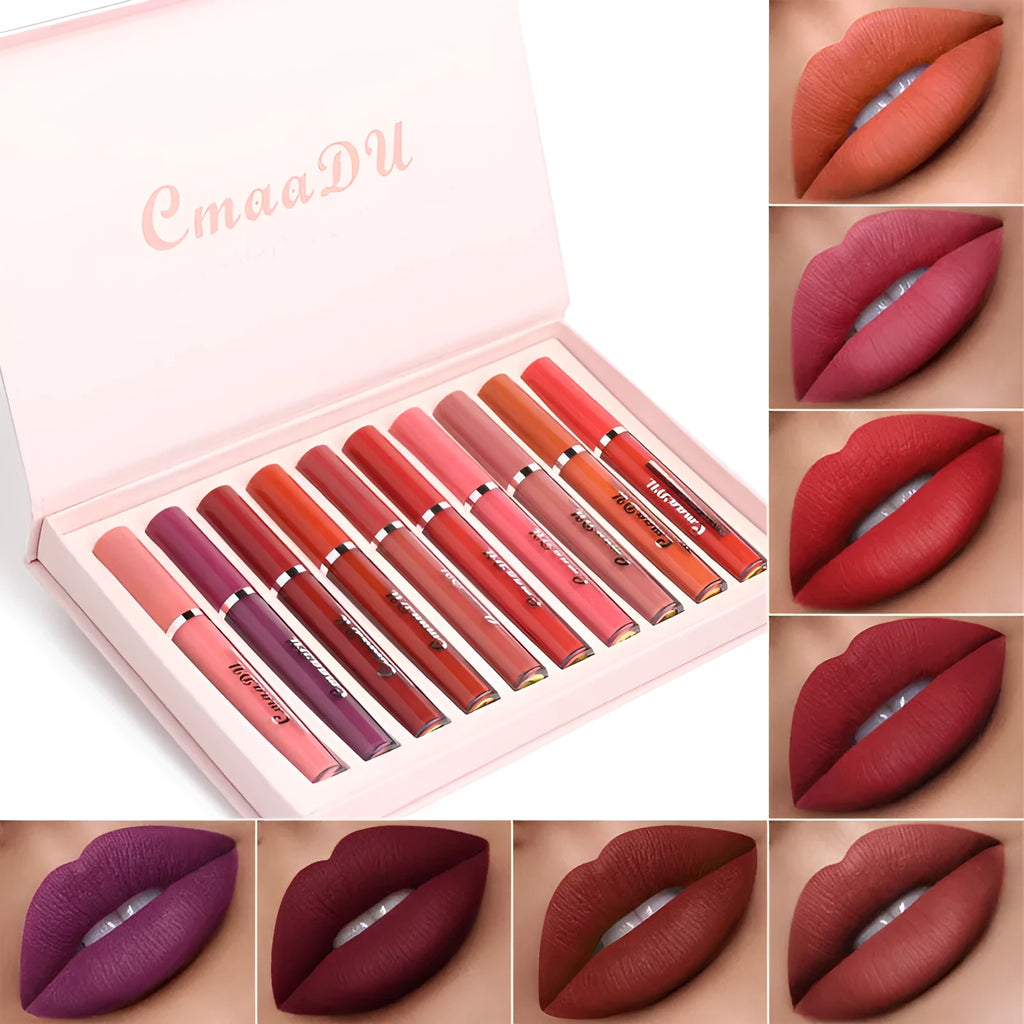 Ten matte lipsticks in a slim black case showing waterproof non-stick cup formula.