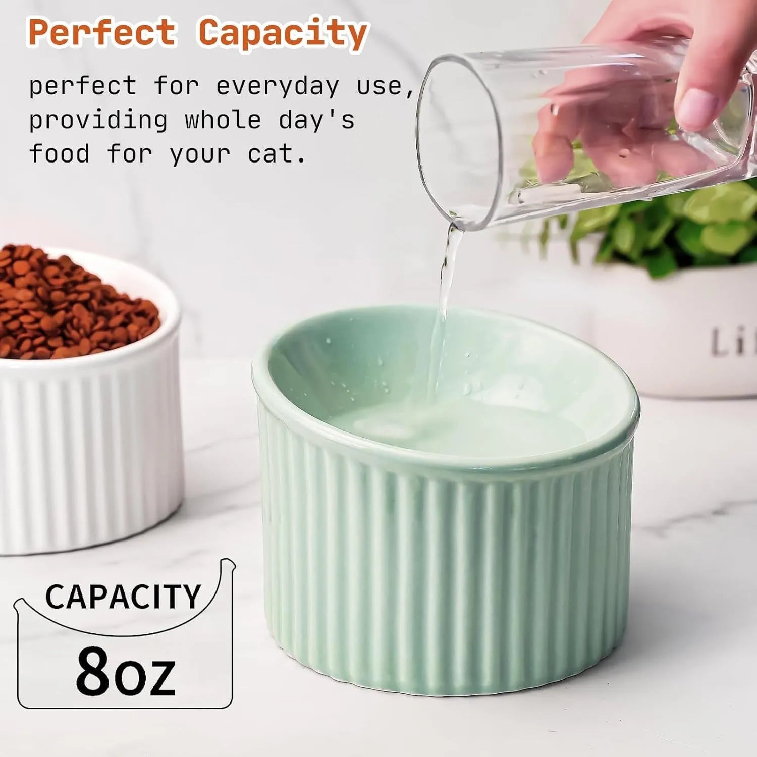 Dark green, light green or yellow ceramic elevated cat bowl with tilted round shape on raised base