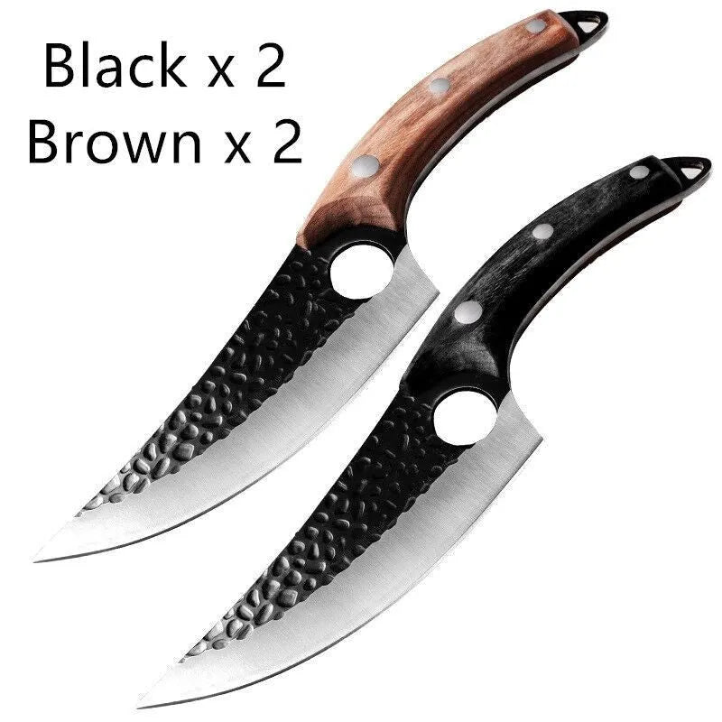 Butcher scimitar knife with curved blade and leather sheath for slaughtering and skinning animals