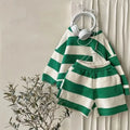 Boy and girl striped fleece and shorts two-piece set in black and green polyester