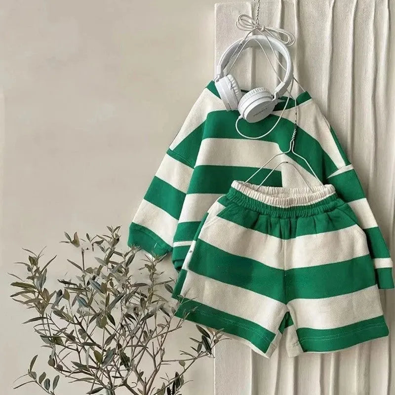 Boy and girl striped fleece and shorts two-piece set in black and green polyester