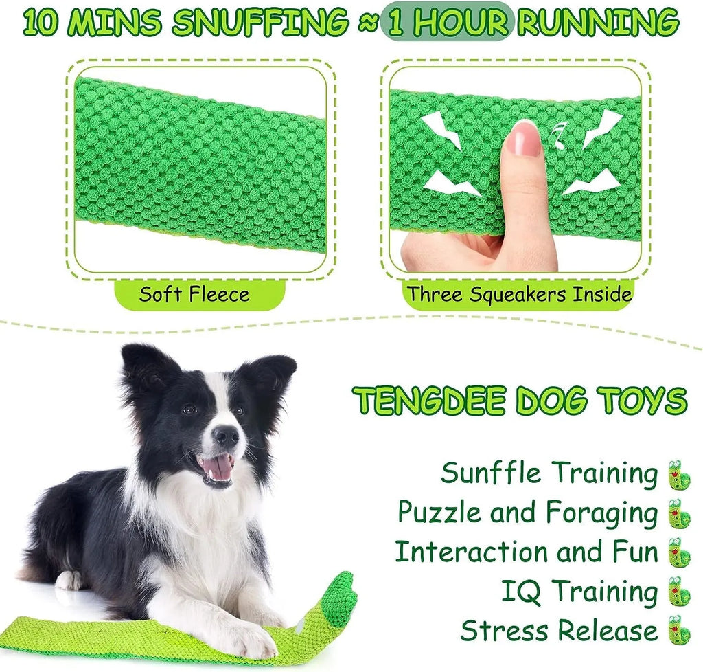 Squeaky dog toy in frog, snail or snake design with hidden food holes for foraging training