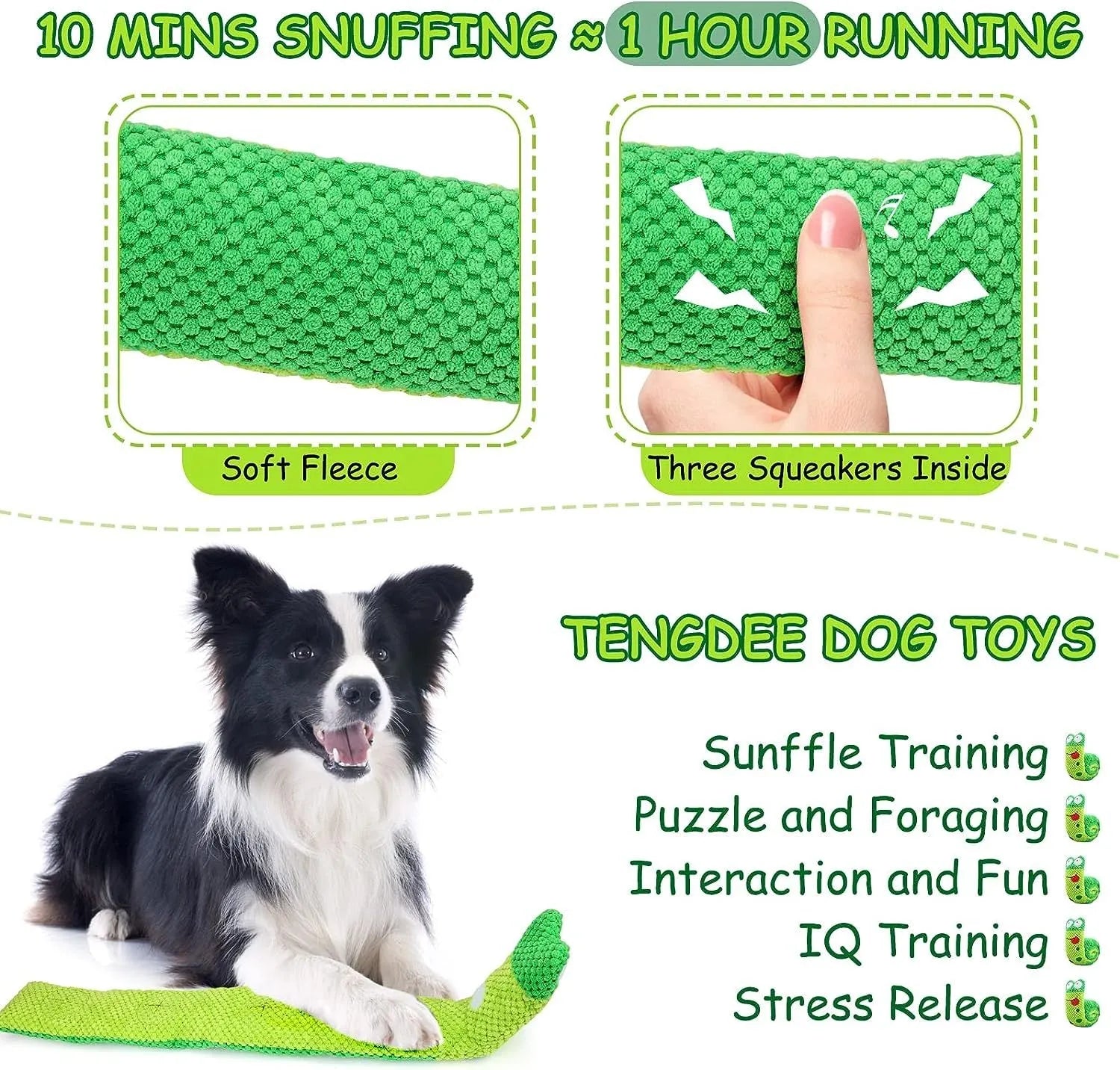 Squeaky dog toy in frog, snail or snake design with hidden food holes for foraging training