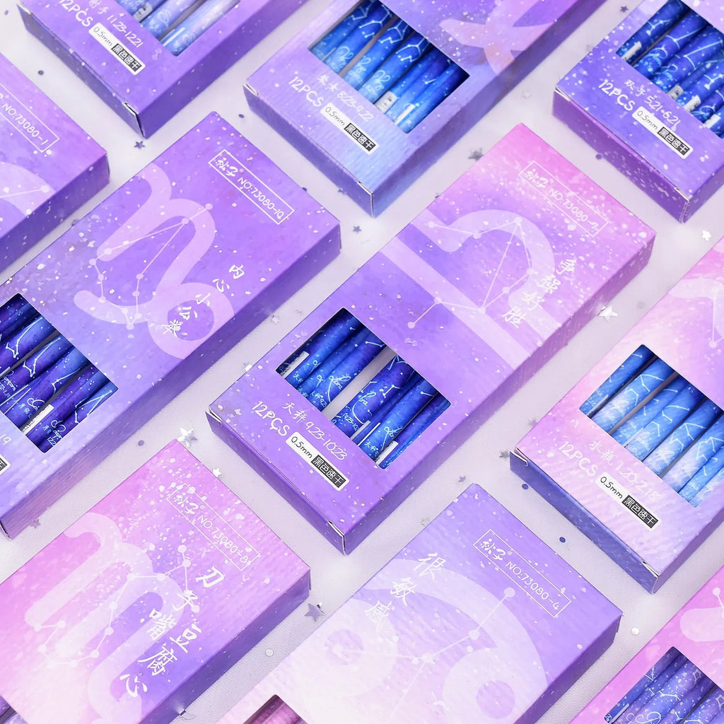 Box containing 12 constellation-themed quick-drying gel pens with plastic barrels