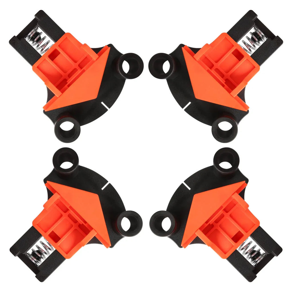 Four plastic 90 degree right angle woodworking clips for frame corner alignment