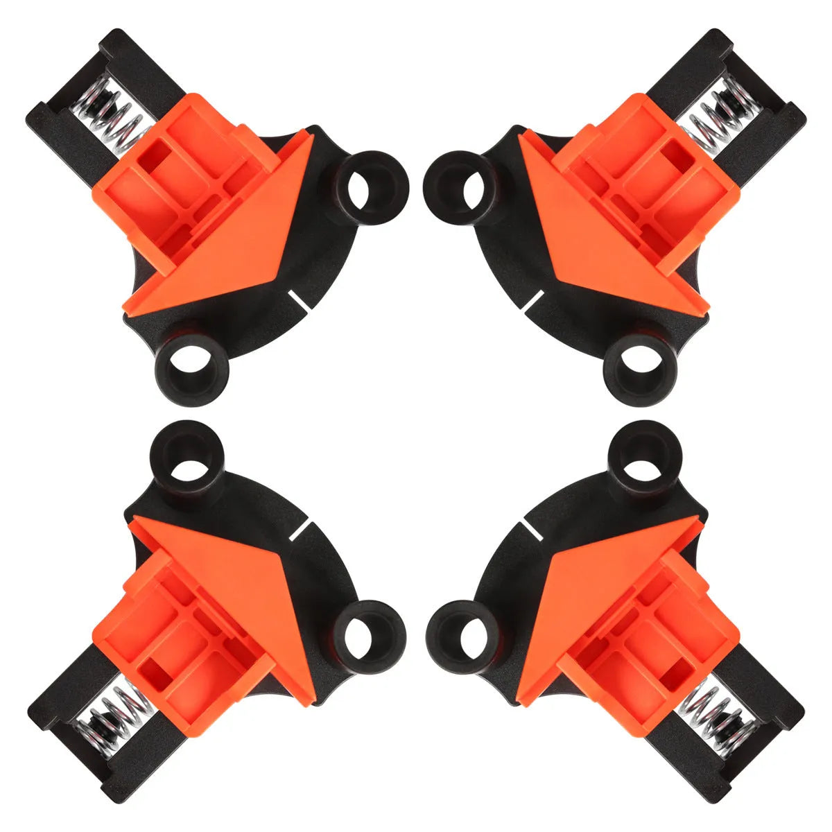Four plastic 90 degree right angle woodworking clips for frame corner alignment