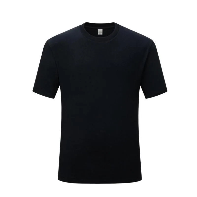 Men's solid colour CVC cotton short sleeve T-shirt on a hanger, shown in white and black.