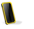 Solar power bank in orange plastic case with solar panel, showing USB ports and dimensions 161x79x17mm.