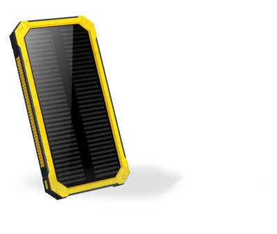 Solar power bank in orange plastic case with solar panel, showing USB ports and dimensions 161x79x17mm.
