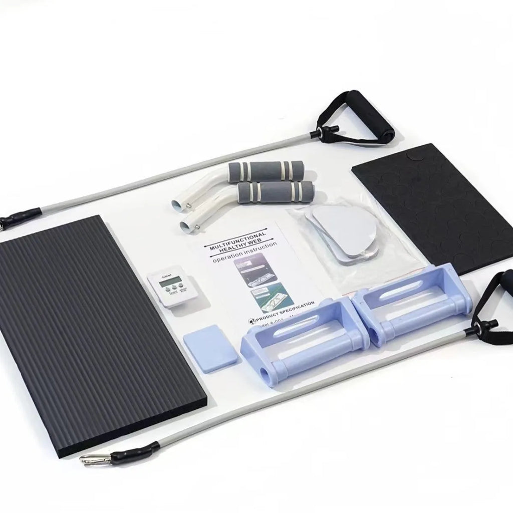 Foldable purple PP plastic fitness belly panel on a floor, shown in open and folded positions.