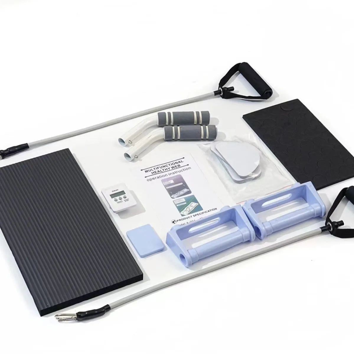 Foldable purple PP plastic fitness belly panel on a floor, shown in open and folded positions.
