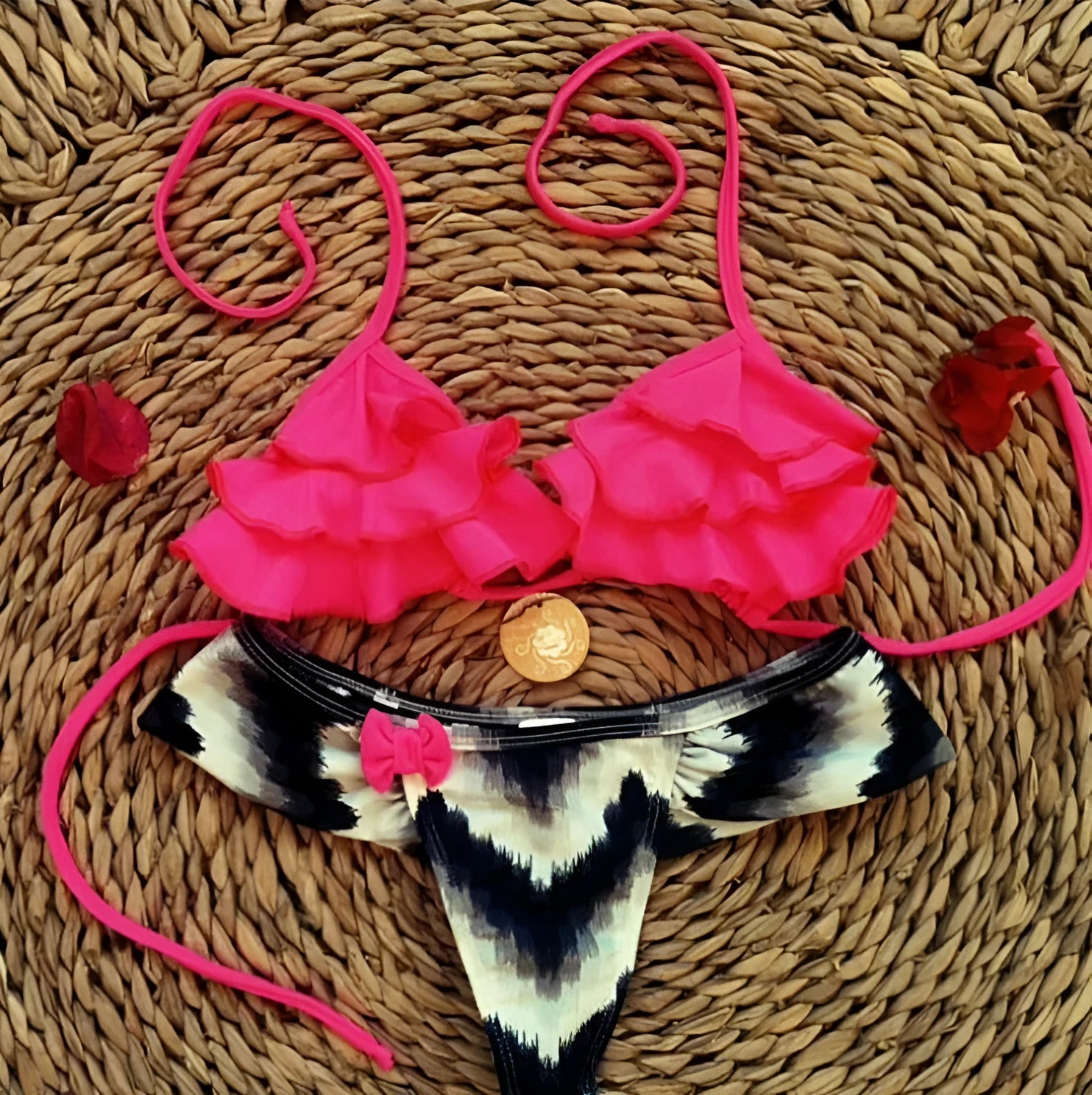 Women's bikini swimsuit split style two piece in black, rose red, white, and yellow color options