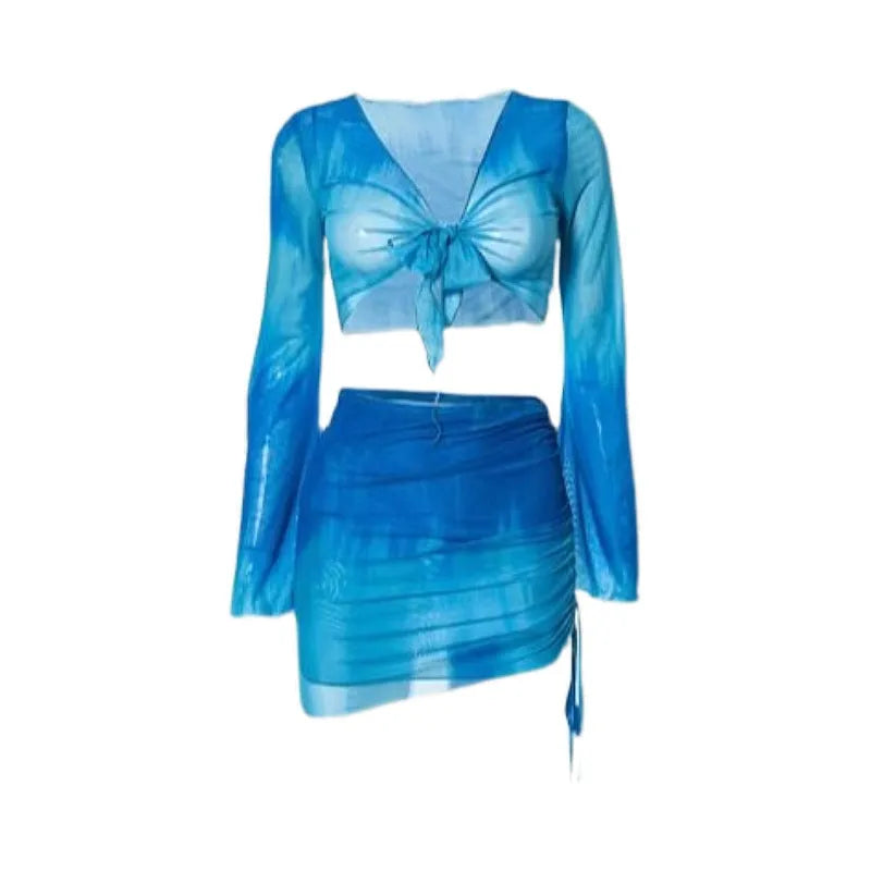 Women's blue high-waist bikini four-piece swimsuit set with shirt, bra, underwear and skirt