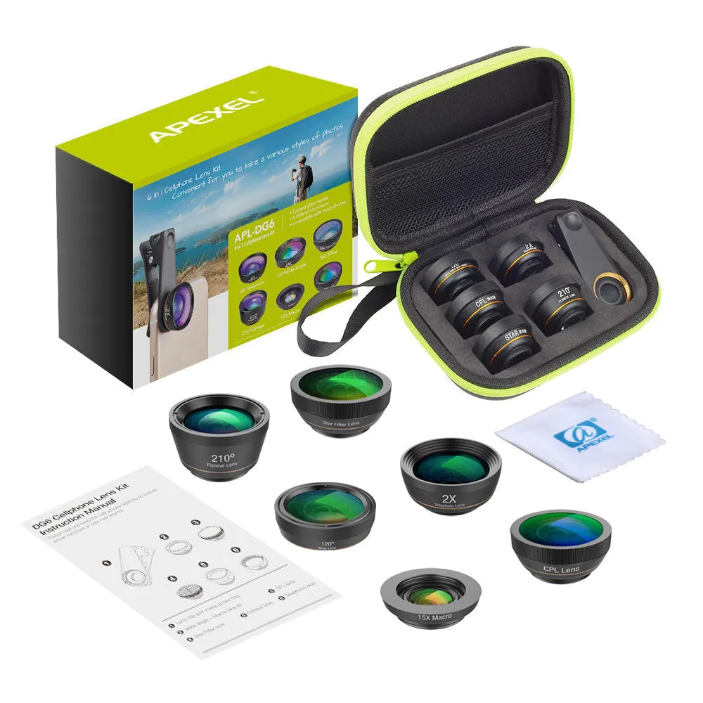 Black aluminium 6-in-1 smartphone camera lens kit with fisheye, macro, telephoto and filter lenses on a universal clip.