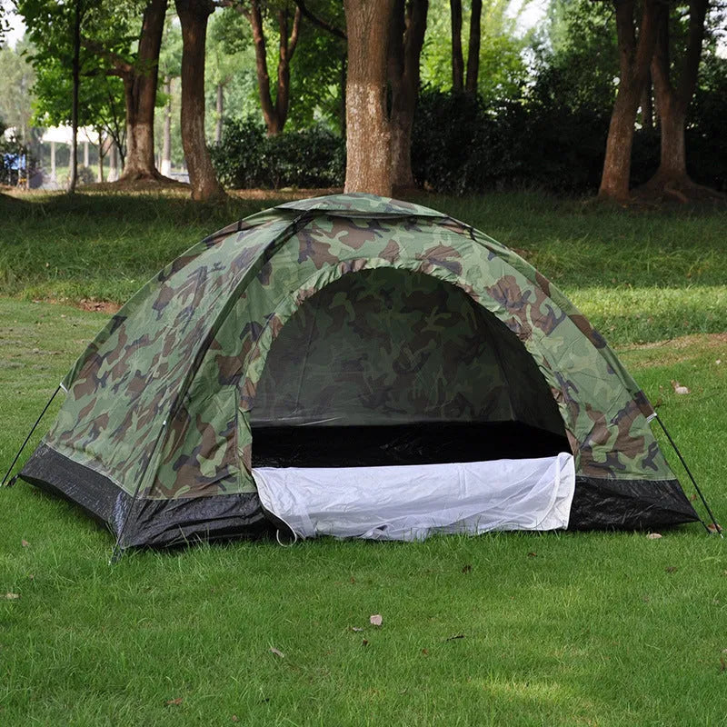Double camouflage camping tent with digital pattern, fibre glass struts and waterproof Oxford cloth base