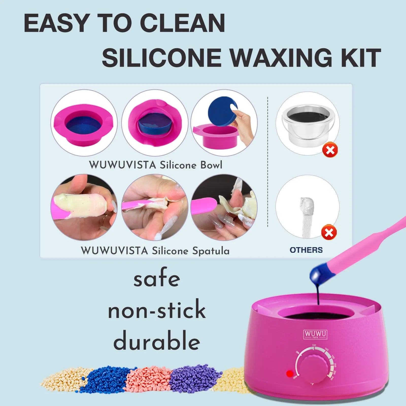 WUWUVISTA 63-piece waxing kit with black warmer, pink wax beads, applicator sticks and lotion