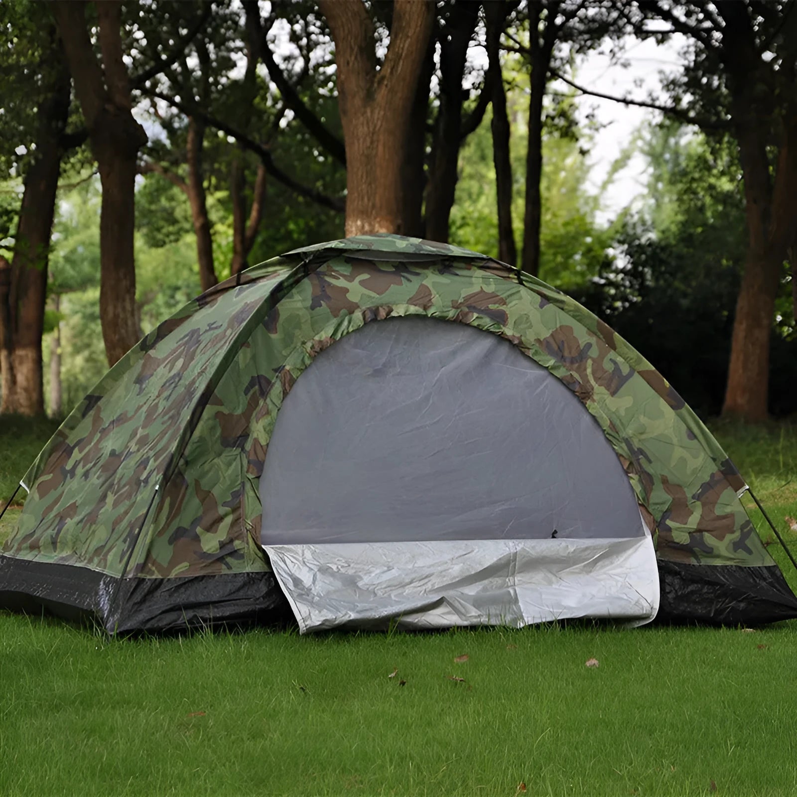 Double camouflage camping tent with digital pattern, fibre glass struts and waterproof Oxford cloth base