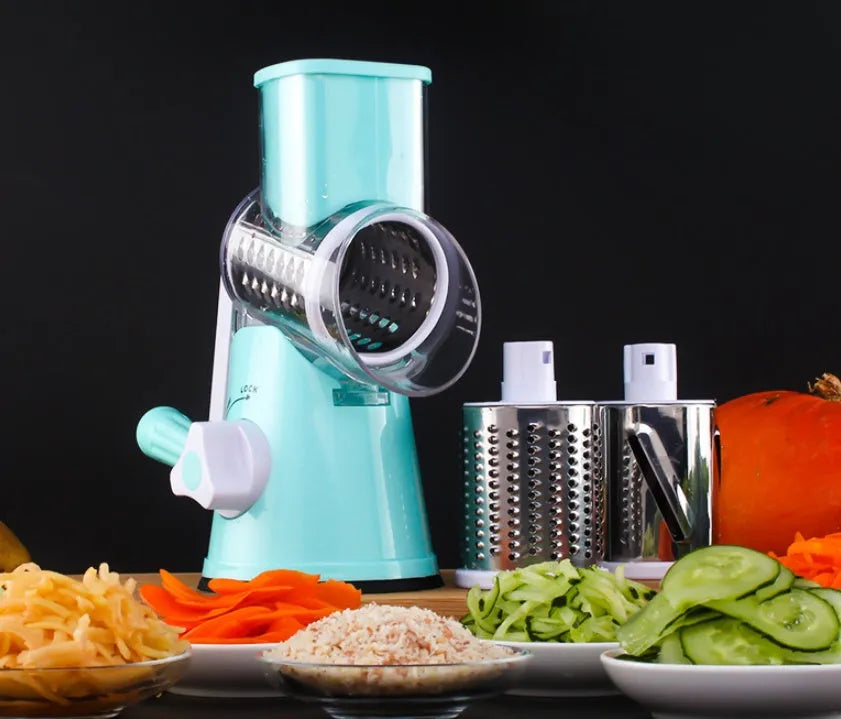 Manual kitchen mandoline slicer with round stainless steel blade in blue, green or red colours