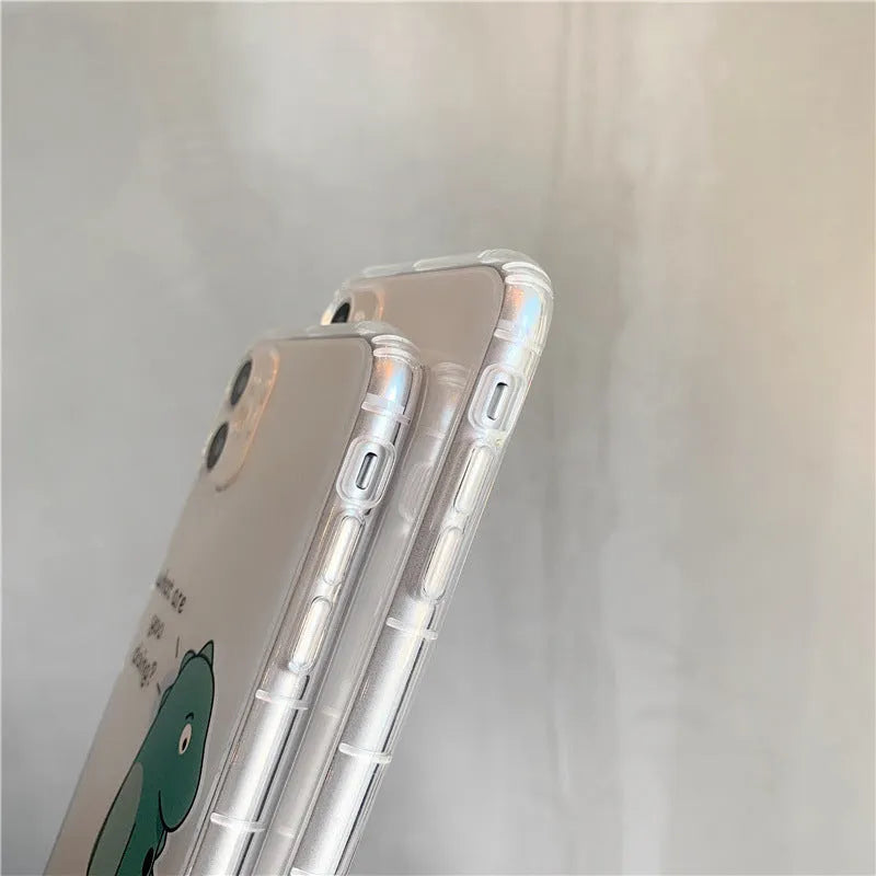 Transparent iPhone case with green dinosaur design and airbag anti-fall protection